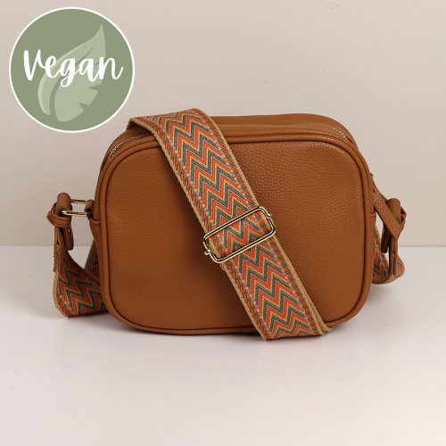 Classic Tan Vegan Leather Camera Bag with Orange & Sage Chevron Woven Strap by Peace of Mind